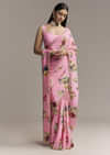 Pink Crepe Saree With Floral Digital Print And Sequin Border