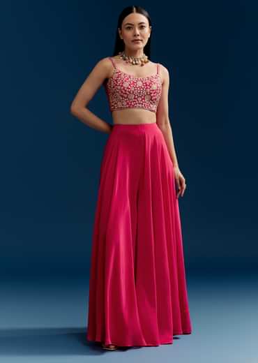 Pink Crop Top Palazzo Set With Zardosi Jacket