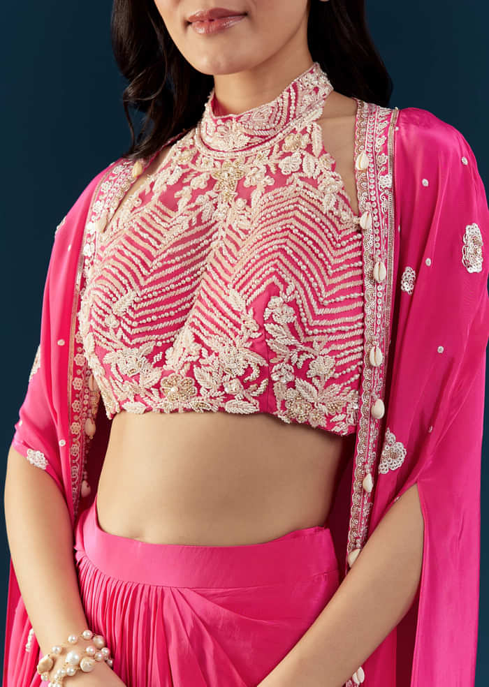 Pink Crop Top Skirt Set with Cape