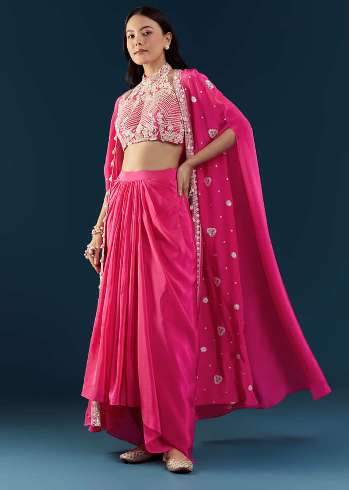 Pink Crop Top Skirt Set with Cape