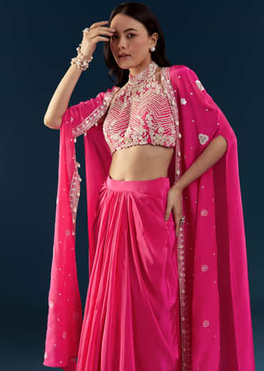 Pink Crop Top Skirt Set with Cape