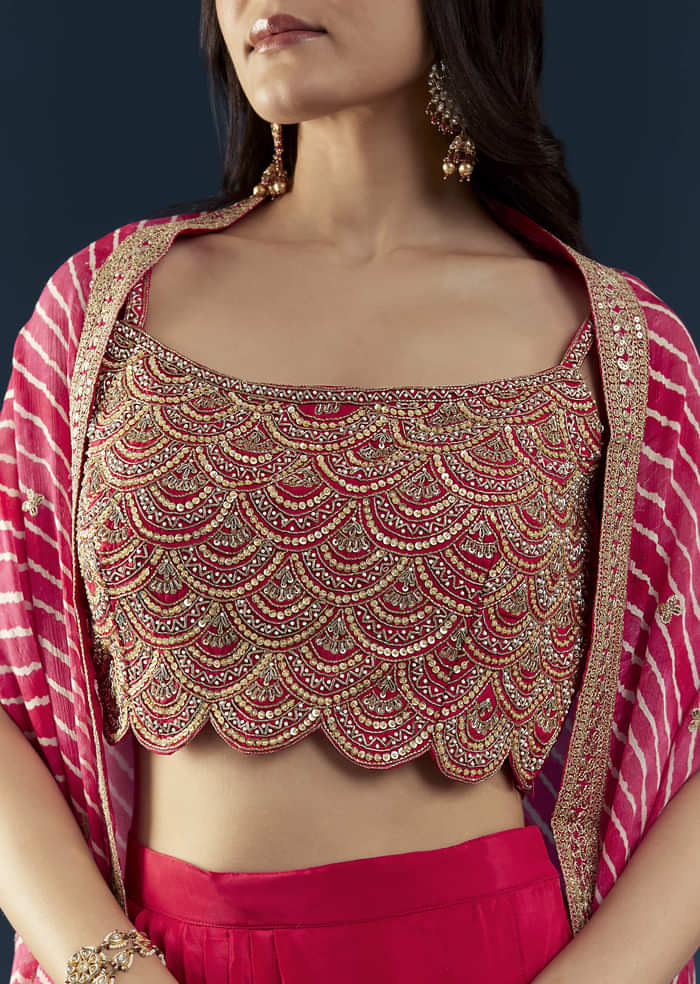 Pink Crop Top Skirt Set with Leheriya Cape