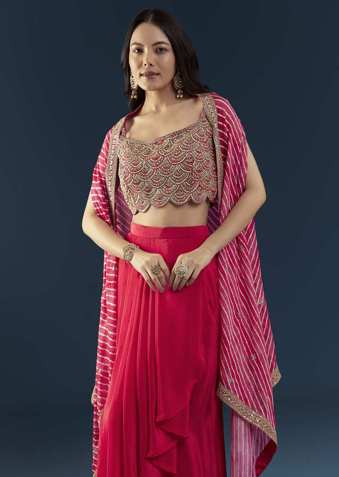 Pink Crop Top Skirt Set with Leheriya Cape