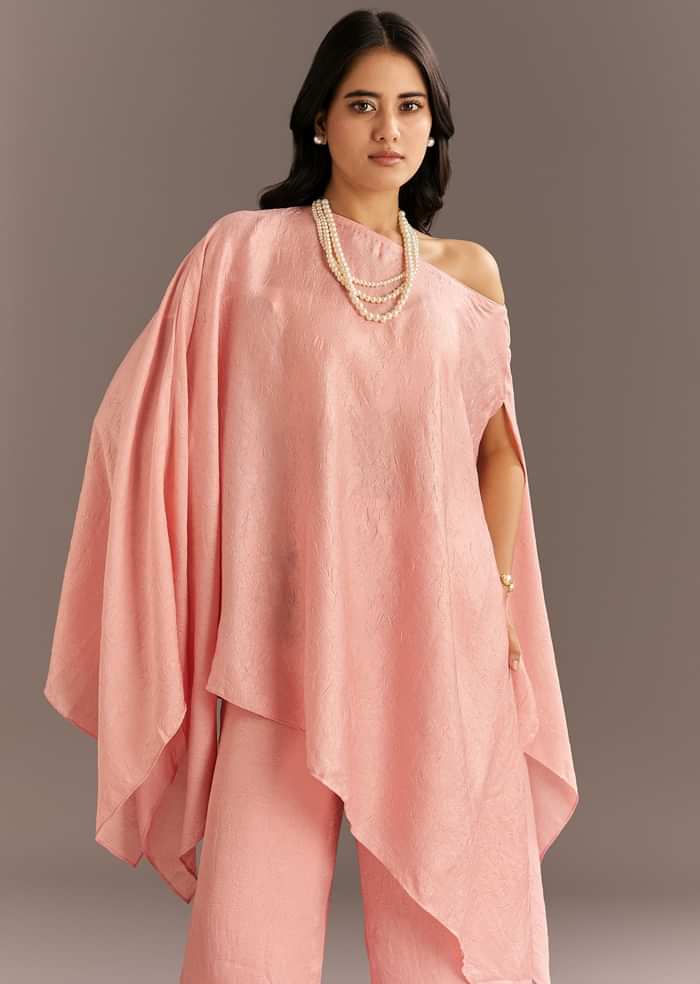 Pink Crush Silk One Shoulder Kurta With Pearl Neckpiece