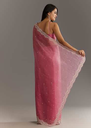 Pink Crushed Tissue Sequin Embroidered Saree With Scallop Border