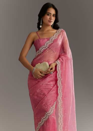 Pink Crushed Tissue Sequin Embroidered Saree With Scallop Border