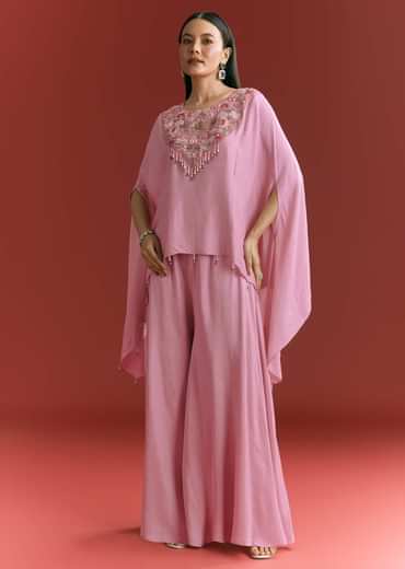Pink Dola Silk Kaftaan Indowestern Suit With Zardosi Work