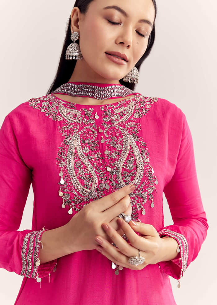 Pink Dola Silk Kurta Set With Zardosi And Choker Dupatta