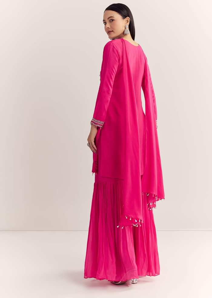 Pink Dola Silk Kurta Set With Zardosi And Choker Dupatta