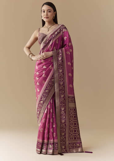 Pink Dola Silk Saree with Woven Geometric Motif and Blouse Fabric