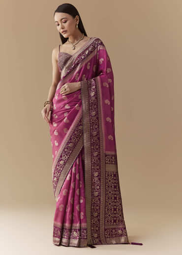 Pink Dola Silk Saree with Woven Geometric Motif and Blouse Fabric