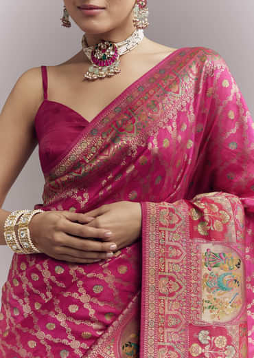 Pink Dola Silk Woven Saree With Delicate Hand Embroidery Pink Dola Silk Woven Saree With Delicate Hand Embroidery