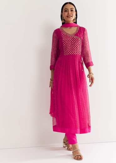 Pink Floral Chiffon Anarkali Kurta Set With Dupatta