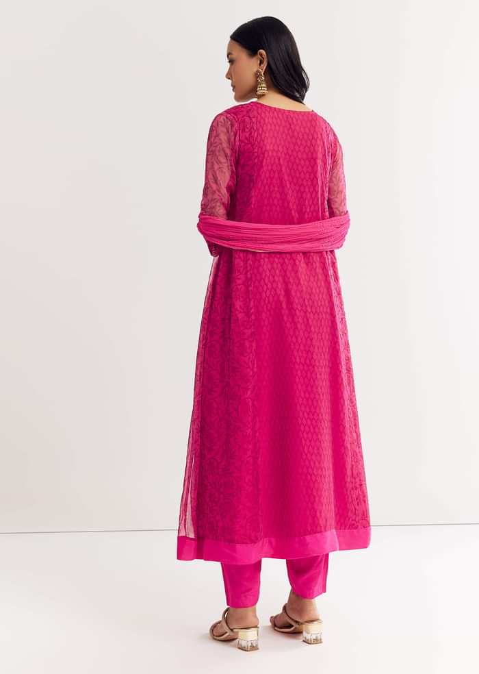 Pink Floral Chiffon Anarkali Kurta Set With Dupatta