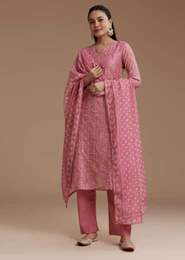 Pink Floral Print Chanderi Kurta Set with Gotta Work