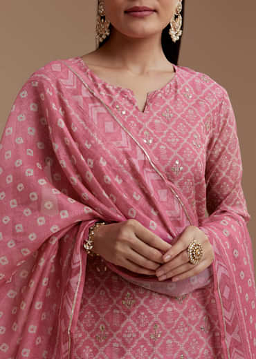 Pink Floral Print Chanderi Kurta Set with Gotta Work