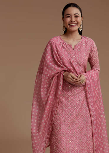 Pink Floral Print Chanderi Kurta Set with Gotta Work