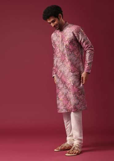 Pink Foil Print Kurta Set In Silk