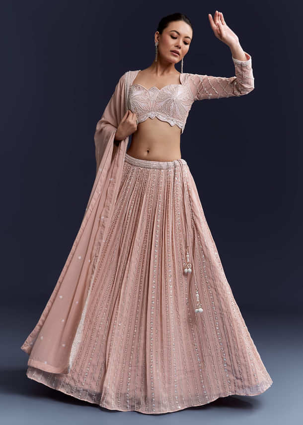 Pink Georgette Bridesmaid Lehenga With Intricate Hand Embroidery Pink Georgette Bridesmaid Lehenga With Intricate Hand Embroidery