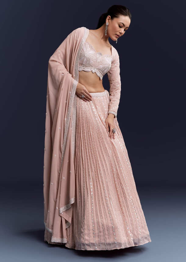 Pink Georgette Bridesmaid Lehenga With Intricate Hand Embroidery Pink Georgette Bridesmaid Lehenga With Intricate Hand Embroidery