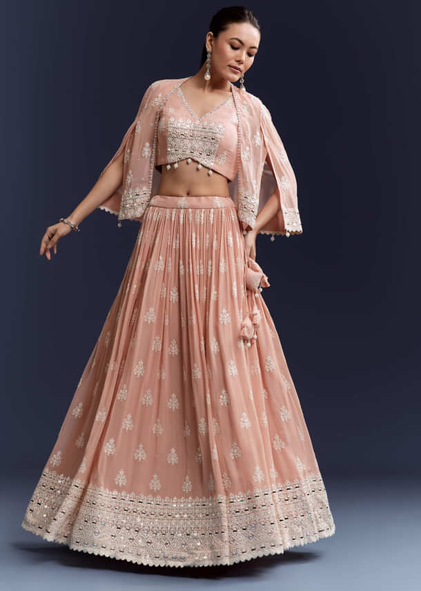 Pink Georgette Bridesmaid Lehenga With Sequins And Thread Embroidery Pink Georgette Bridesmaid Lehenga With Sequins And Thread Embroidery