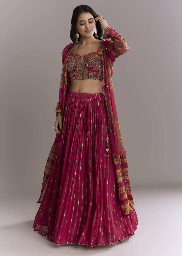 Pink Georgette Crop Top And Printed Skirt Set With Intricate Embroidery