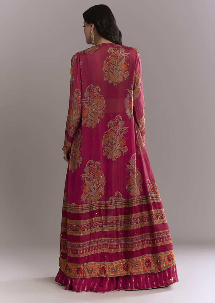 Pink Georgette Crop Top And Printed Skirt Set With Intricate Embroidery