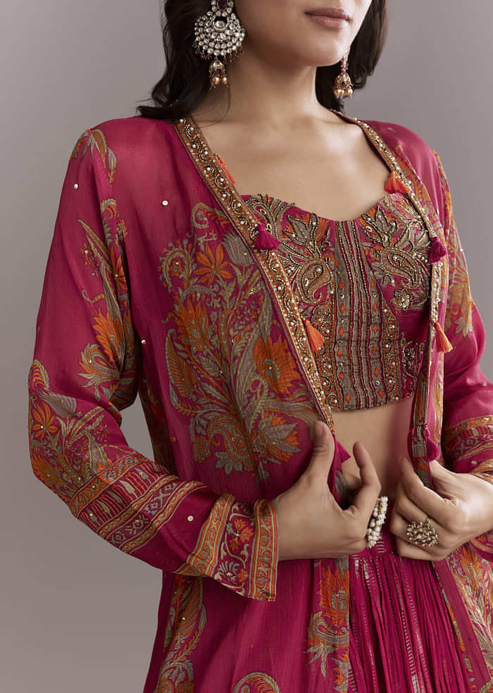 Pink Georgette Crop Top And Printed Skirt Set With Intricate Embroidery