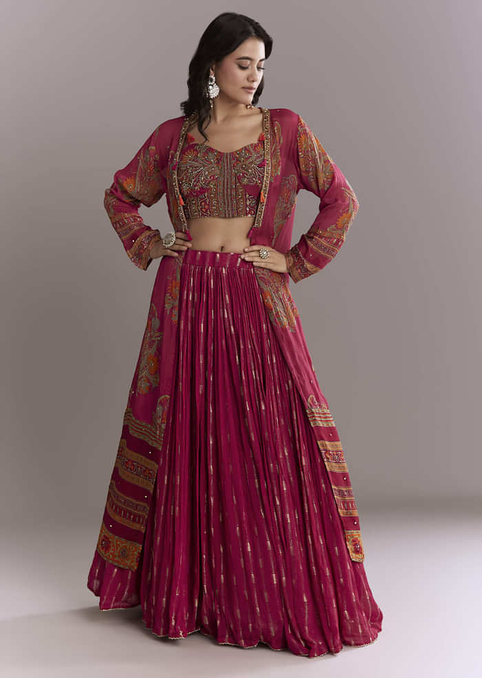 Pink Georgette Crop Top And Printed Skirt Set With Intricate Embroidery