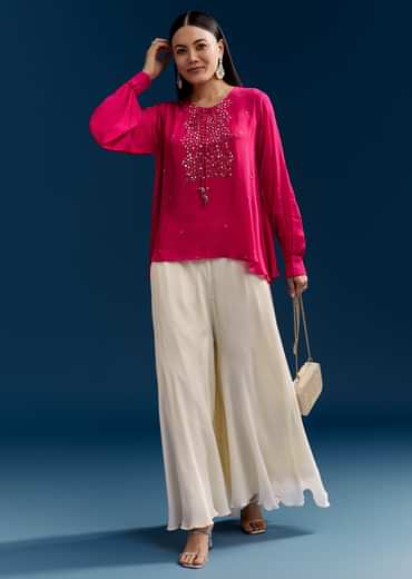 Pink Georgette Crop Top With Mirror Work