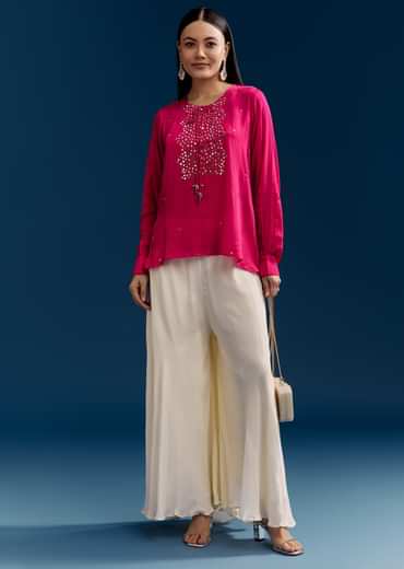 Pink Georgette Crop Top With Mirror Work