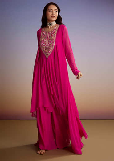 Pink Georgette Indo Western Set With Zari And Sequins Work