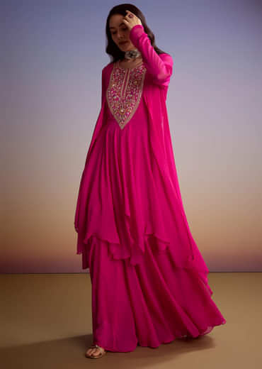 Pink Georgette Indo Western Set With Zari And Sequins Work