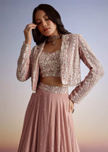 Pink Georgette Moti Resham Work Lehenga Jacket Set