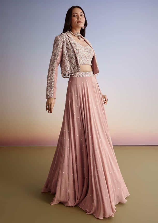 Pink Georgette Moti Resham Work Lehenga Jacket Set