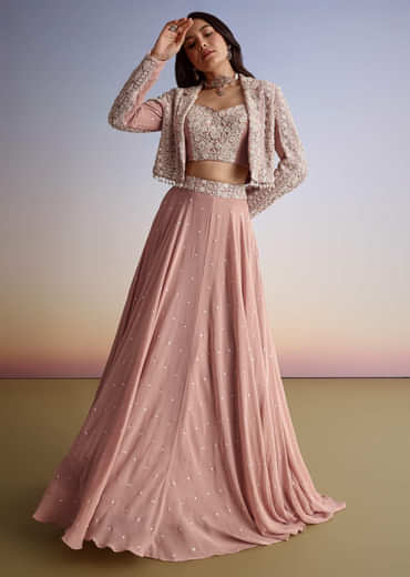 Pink Georgette Moti Resham Work Lehenga Jacket Set