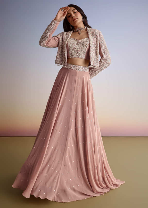 Pink Georgette Moti Resham Work Lehenga Jacket Set