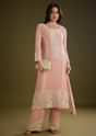 Pink Georgette Moti Work Asymmetrical Kurta Set With Tassels Bordered Dupatta