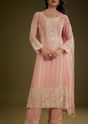 Pink Georgette Moti Work Asymmetrical Kurta Set With Tassels Bordered Dupatta