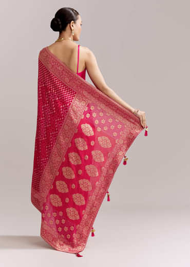 Pink Georgette Woven Saree With Floral Border And Bandhani Print