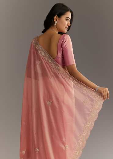 Pink Glass Tissue Sareee With Embroidered Scallop Border