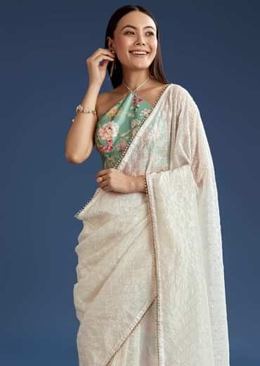 White Green Glass Tissue Sequin Embroidered Saree With Contrast Blouse
