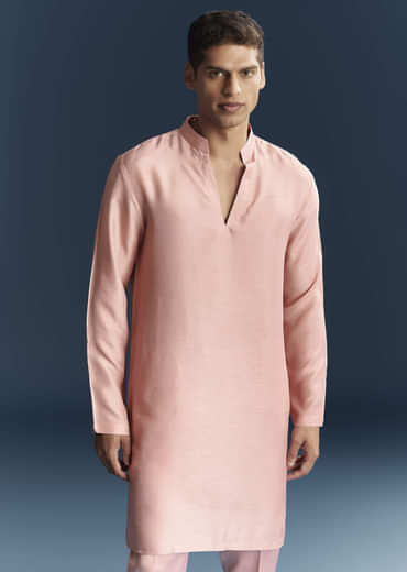 Pink Imported Linen Kurta Jacket Set For Men With Aari Embroidery