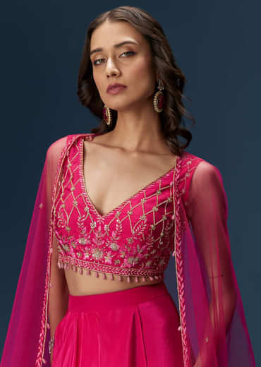 Pink Indo Western Skirt Set With Embroidered Blouse And Dupatta