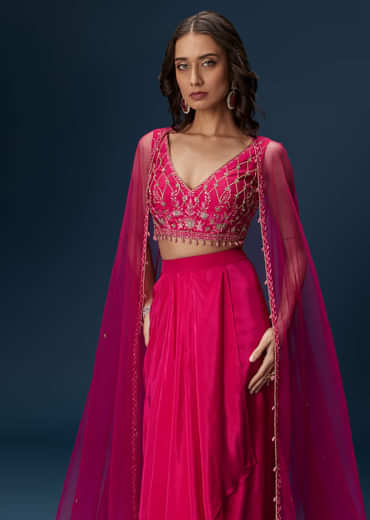 Pink Indo Western Skirt Set With Embroidered Blouse And Dupatta