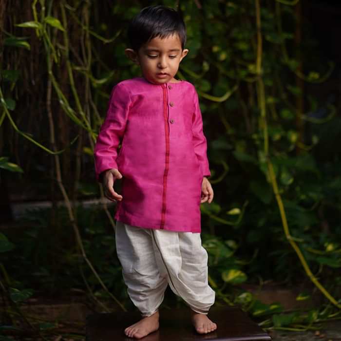 Kalki Boys Pink Kurta In Hand Woven Cotton Silk With Contrast Selvedge By Love The World Today
