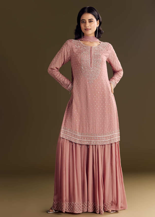 Pink Kurta Set With Embroidered Palazzo And Sequins Dupatta