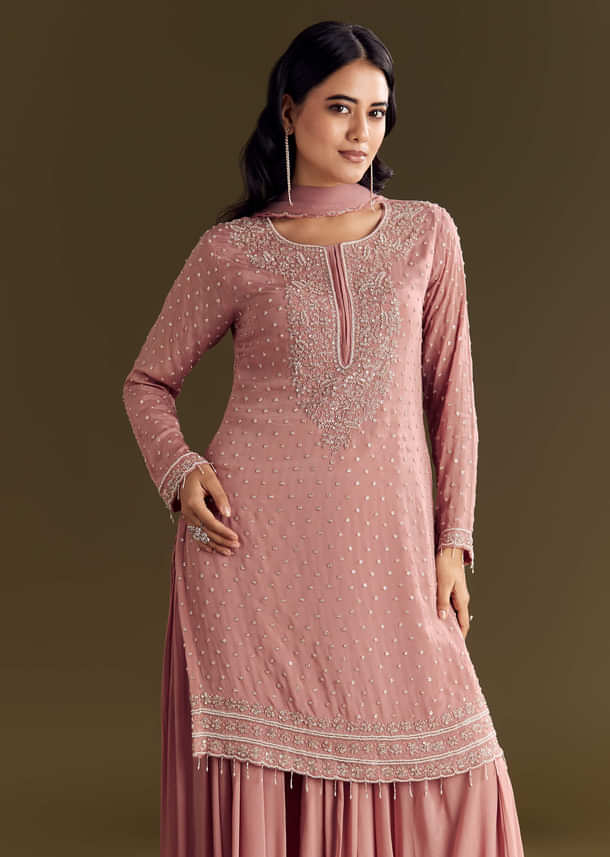 Pink Kurta Set With Embroidered Palazzo And Sequins Dupatta