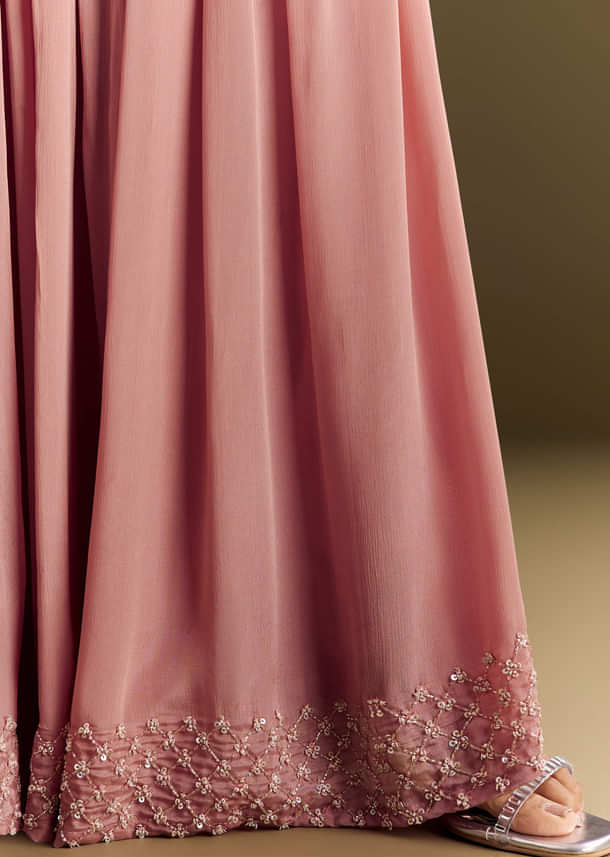 Pink Kurta Set With Embroidered Palazzo And Sequins Dupatta