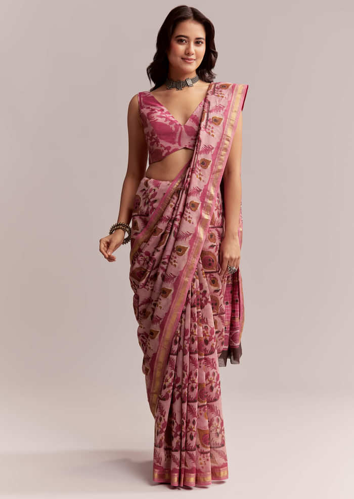 Pink Linen Printed Saree With Traditional Ajrakh Hand Block Print